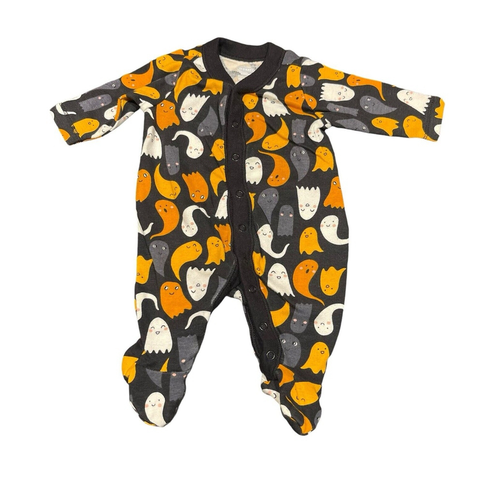 Old Navy Newborn Black Gray White Orange Ghost Print Halloween 1-Pc NB to 7lbs